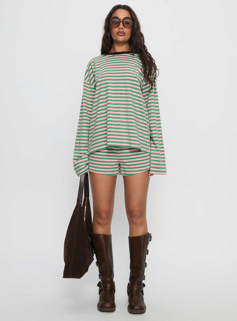 Settle Down Long Sleeve Top Green / Pink Stripe
