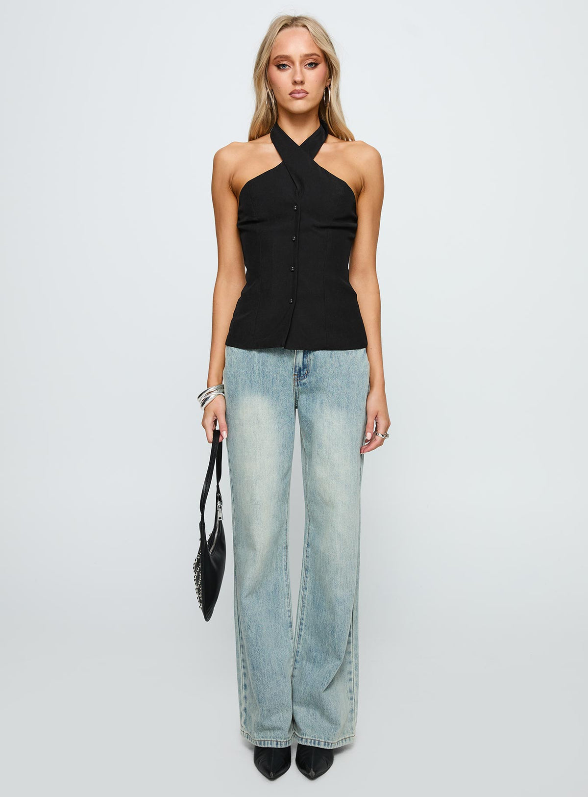 front view of model wearing Princess Polly Light Is Coming Cross Detail Top Black Sleeveless 
