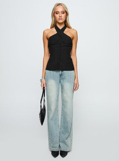 front view of model wearing Princess Polly Light Is Coming Cross Detail Top Black Sleeveless 