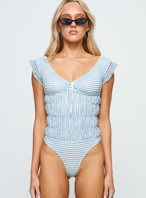 front view of model wearing Princess Polly Ahead Of Myself Off Shoulder Bodysuit Blue Stripe Short Sleeve Bodysuit 