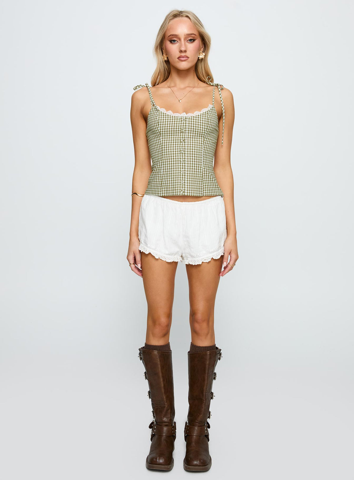 front view of model wearing Princess Polly Dalanie Tie Strap Top Green Check Sleeveless Scoop Neck 