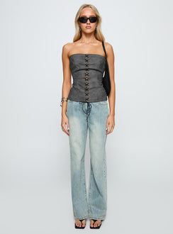 front view of model wearing Princess Polly Soft Spoken Strapless Tie Up Top Black Sleeveless straight 