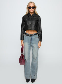 side view of model wearing Princess Polly Echo Park High Rise Straight Leg Jeans Vintage Wash Mid Rise Jeans Jeans 
