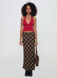   front view of model wearing Princess Polly Hayze Maxi Skirt Brown Check Maxi Skirts Skirts 