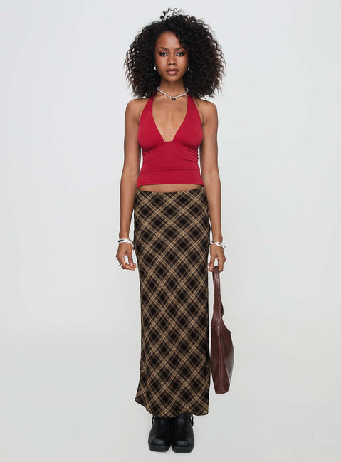   front view of model wearing Princess Polly Hayze Maxi Skirt Brown Check Maxi Skirts Skirts 