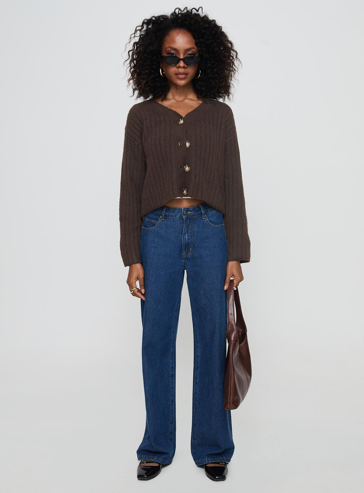 back view of model wearing Princess Polly Romona Knit Cardigan Chocolate Cropped Jumpers Jumpers 