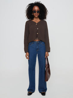back view of model wearing Princess Polly Romona Knit Cardigan Chocolate Cropped Jumpers Jumpers 