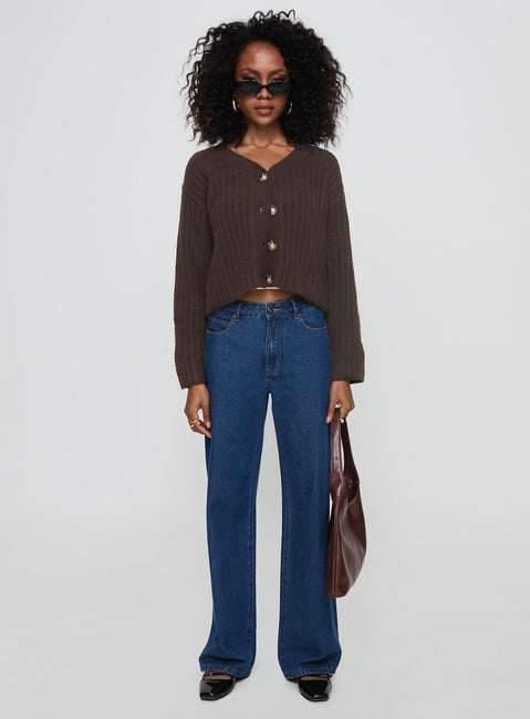 back view of model wearing Princess Polly Romona Knit Cardigan Chocolate Cropped Jumpers Jumpers 