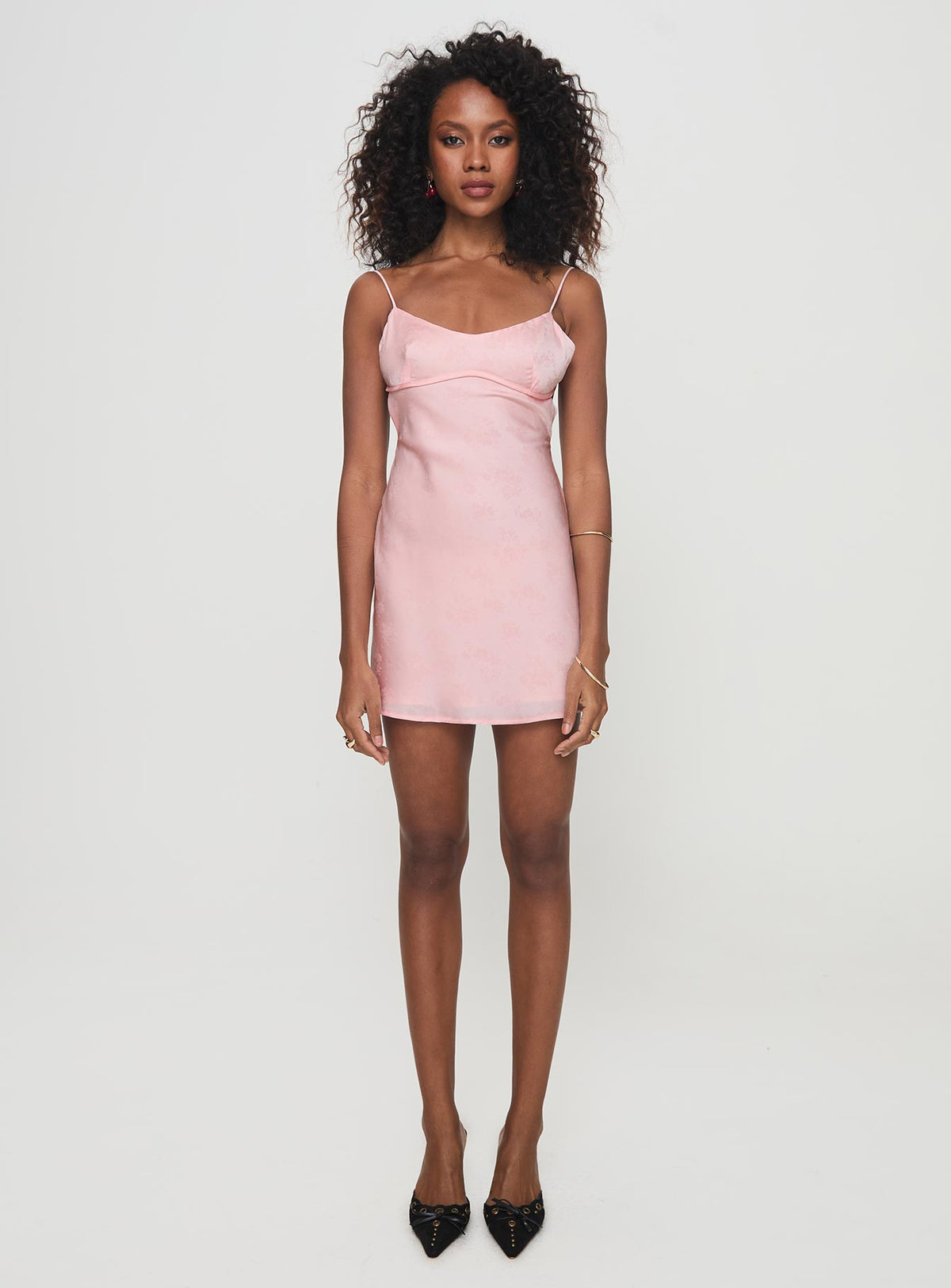 side view of model wearing Princess Polly Clemence Mini Dress Pink Scoop Neck 