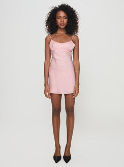 side view of model wearing Princess Polly Clemence Mini Dress Pink Scoop Neck 