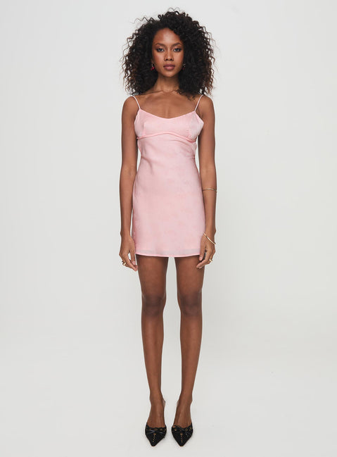 side view of model wearing Princess Polly Clemence Mini Dress Pink Scoop Neck 