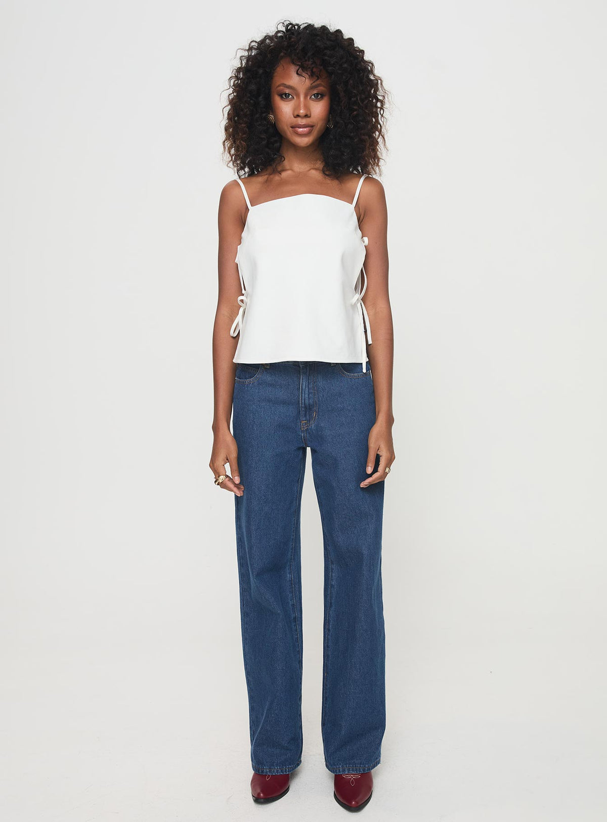 front view of model wearing Princess Polly Novalie Top White Sleeveless Square Neck 