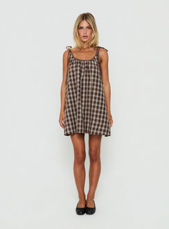 Lucka Babydoll Tie Mini Dress Brown Check