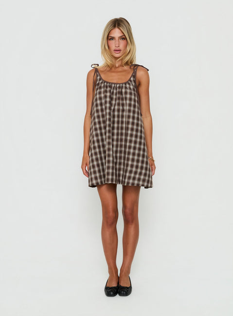 Lucka Babydoll Tie Mini Dress Brown Check