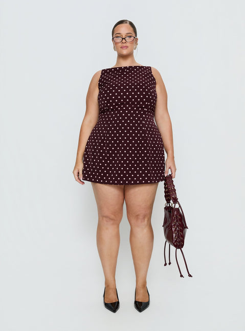 Kherin Boat Neck Romper Wine Polka Curve