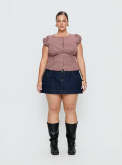 back view of model wearing Princess Polly Warna Low Rise Denim Mini Skirt Dark Wash Curve Mini Skirts Skirts 