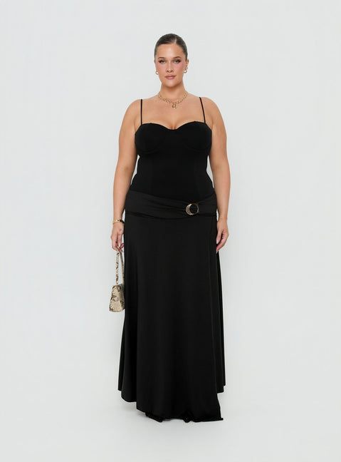 Featuring the Nola Hardware Slit Maxi Skirt Black Curve in womens-skirts with a fitted aline silhouette and lace hem front view of model wearing