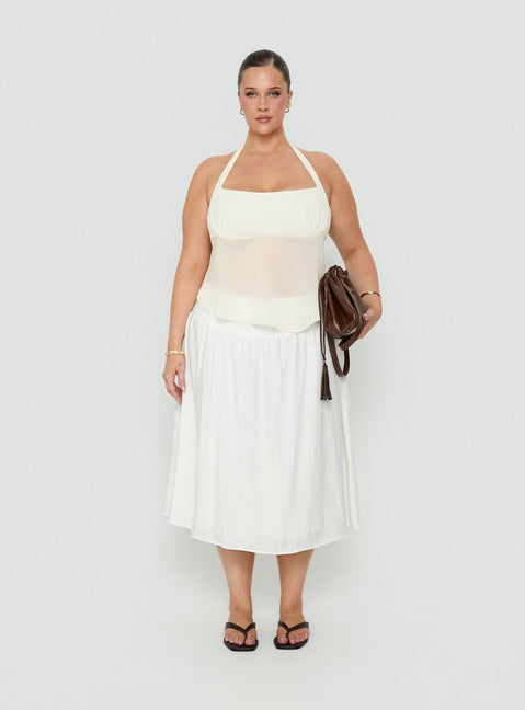 Featuring the Heart Of Gold Linen Blend Midi Skirt White Curve in womens-skirts with midi length front view of model wearing Princess Polly