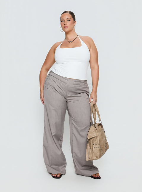 side view of model wearing Princess Polly Just Have Fun Wide Leg Pant Grey Curve Mid Rise Pants Pants 
