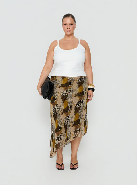 Designed with the Suella Asymmetrical Midi Skirt Animal Multi Curve in womens-skirts featuring fitted silhouette and frayed hem in animal-leopard print Princess Polly