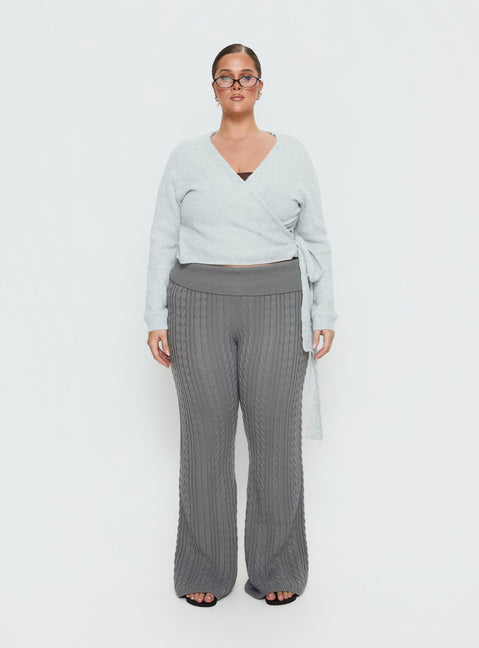 Crafted from soft knit the Tonee Wrap Cardigan Grey Curve in a short length womens jumper with v-neck and oversized fit on-body Princess Polly