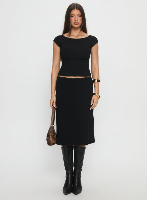   front view of model wearing Princess Polly Baseline Rib Midi Skirt Black Midi Skirts Skirts 
