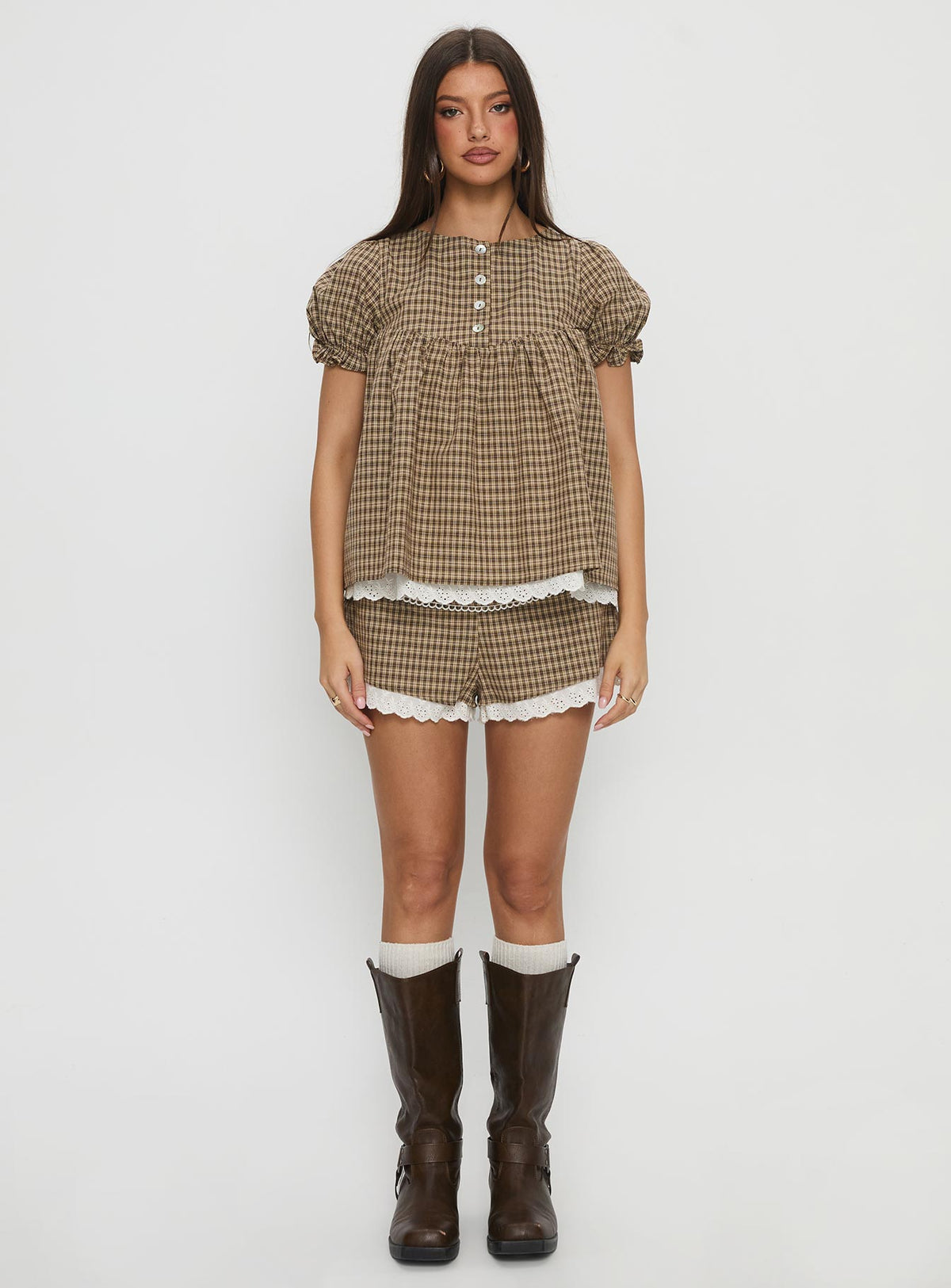 Chandelier Babydoll Top Brown Check