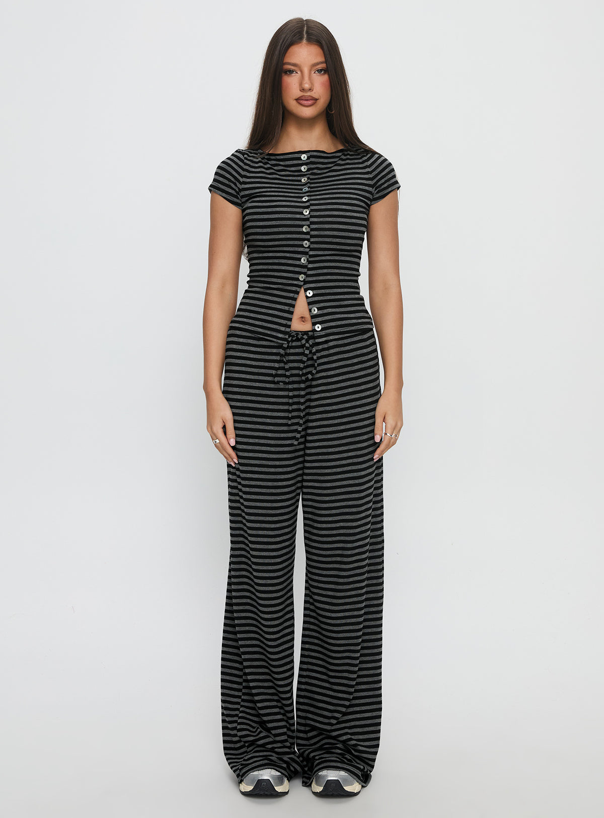 side view of model wearing Princess Polly Gavrielle Jersey Wide Leg Pants Stripe High Rise Pants Pants 