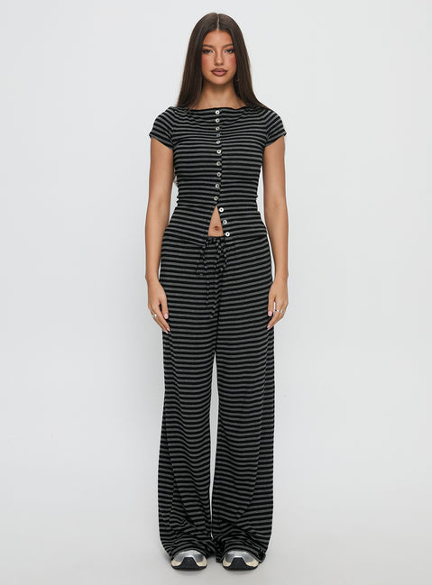 side view of model wearing Princess Polly Gavrielle Jersey Wide Leg Pants Stripe High Rise Pants Pants 