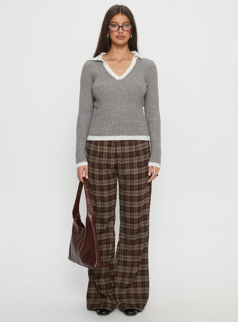 front view of model wearing Princess Polly Emiroki Straight Leg Pants Brown Check Mid Rise Pants Pants 