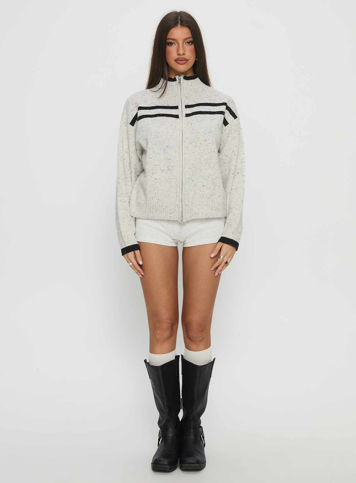 front view of model wearing Princess Polly Overstayed Zip Through Cardigan Grey Jumpers 