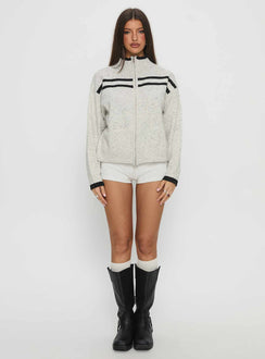 front view of model wearing Princess Polly Overstayed Zip Through Cardigan Grey Jumpers 