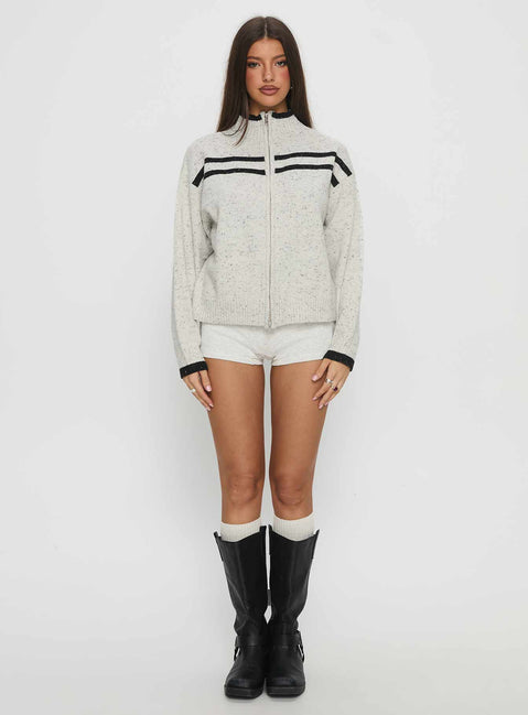front view of model wearing Princess Polly Overstayed Zip Through Cardigan Grey Jumpers 