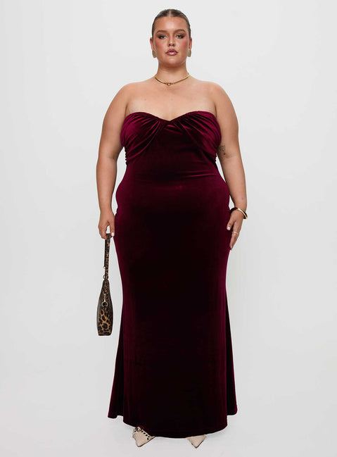 back view of model wearing Princess Polly Irena Strapless Maxi Dress Burgundy Curve Sweetheart Neckline 