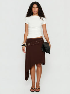 back view of model wearing Princess Polly Lorensa Double Buckle Asymmetrical Midi Skirt Brown Midi Skirts Skirts 