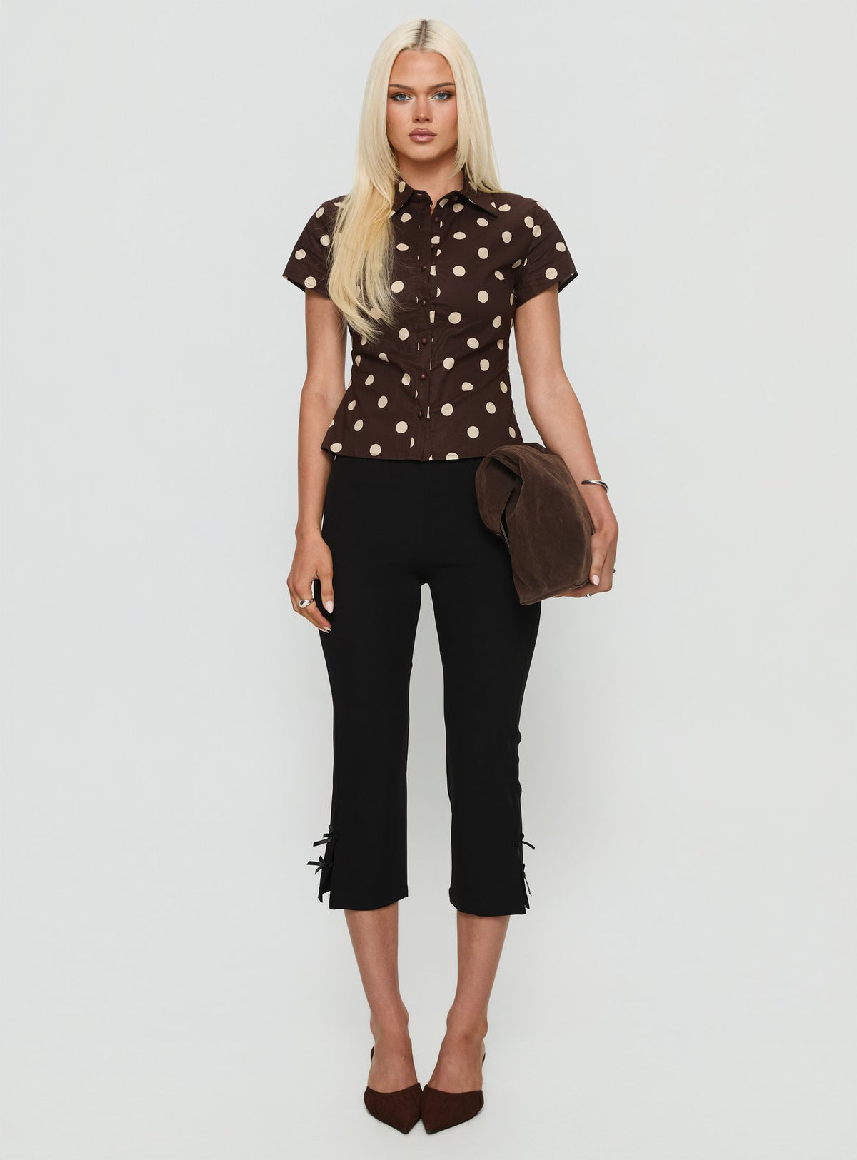 Lift Off Button Up Top Choc / Lemon Polka