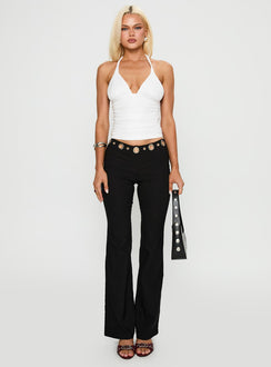 front view of model wearing Princess Polly True Grit Eyelet Flare Pants Black Low Rise Pants 
