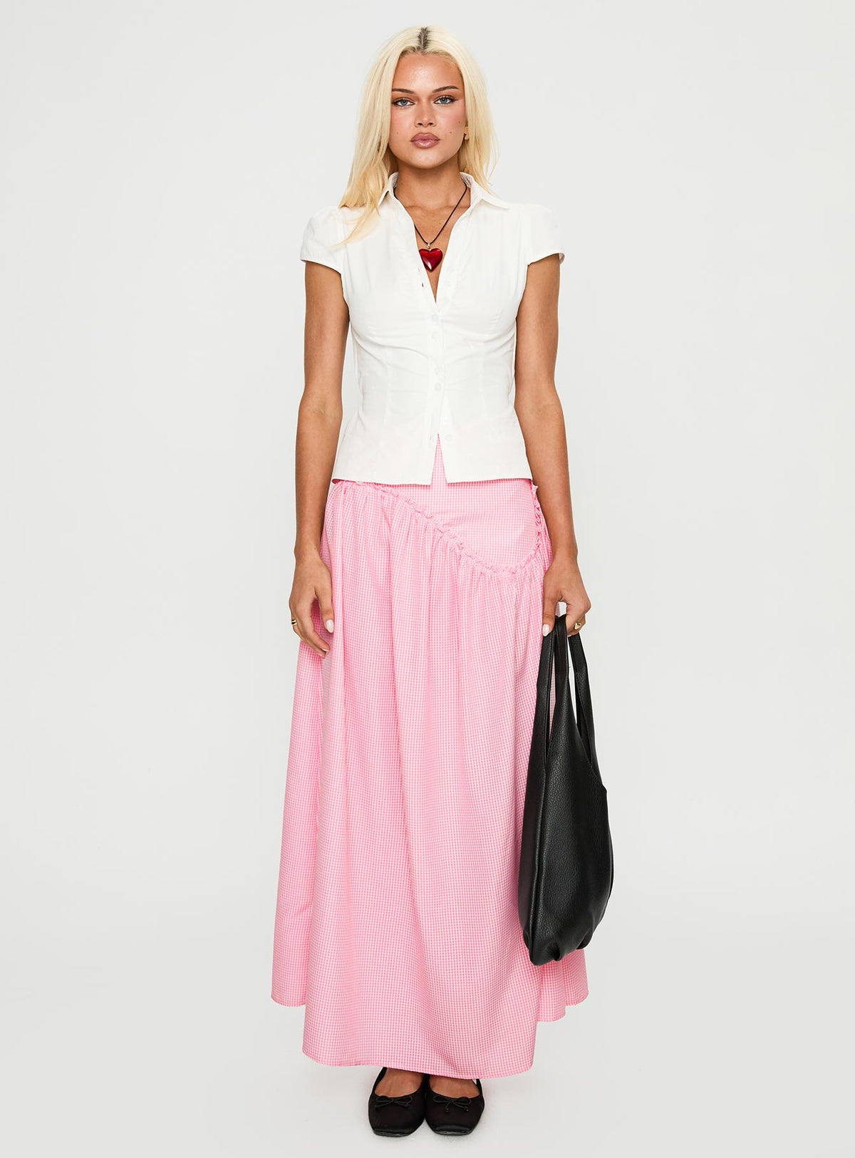 back view of model wearing Princess Polly Apresia Maxi Skirt Pink Gingham Maxi Skirts Skirts 