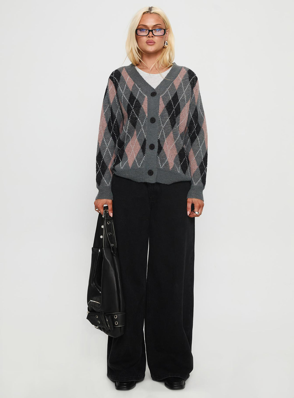 front view of model wearing Princess Polly Zeeva Button Through Knit Cardigan Grey Argyle Longline Jumpers Jumpers 