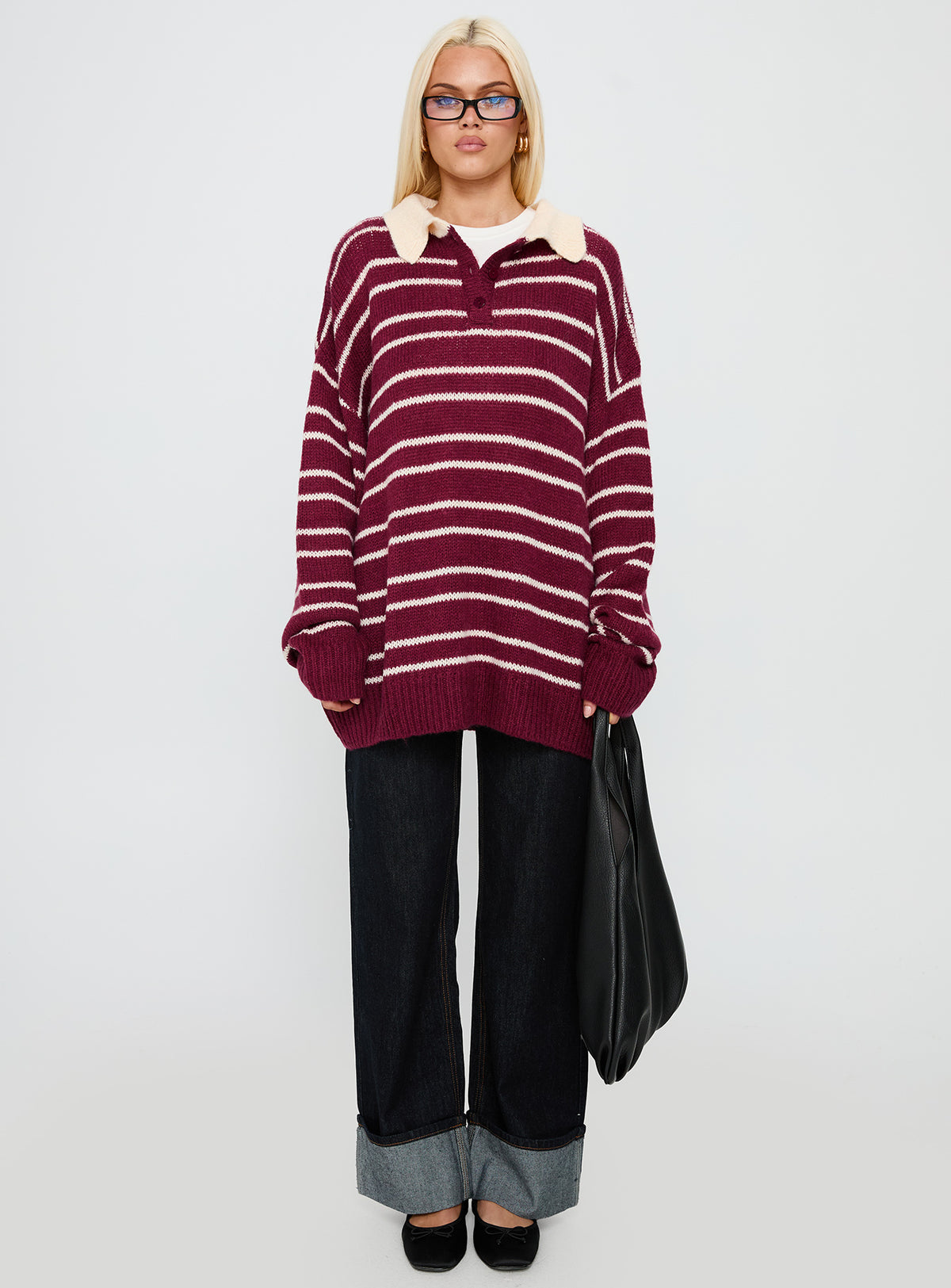 Featuring the Rising Sun Jersey Crimson womens jumpers in long oversized fit with striped v-neck and collar front view of model wearing Princess Polly