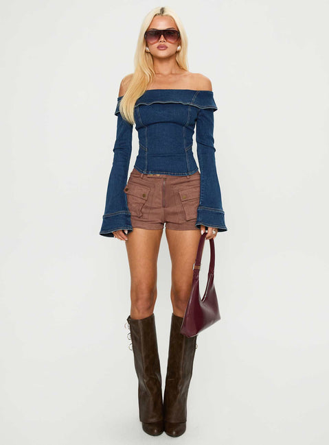front view of model wearing Princess Polly In The Crowd Off Shoulder Top Dark Denim Full Sleeves straight 