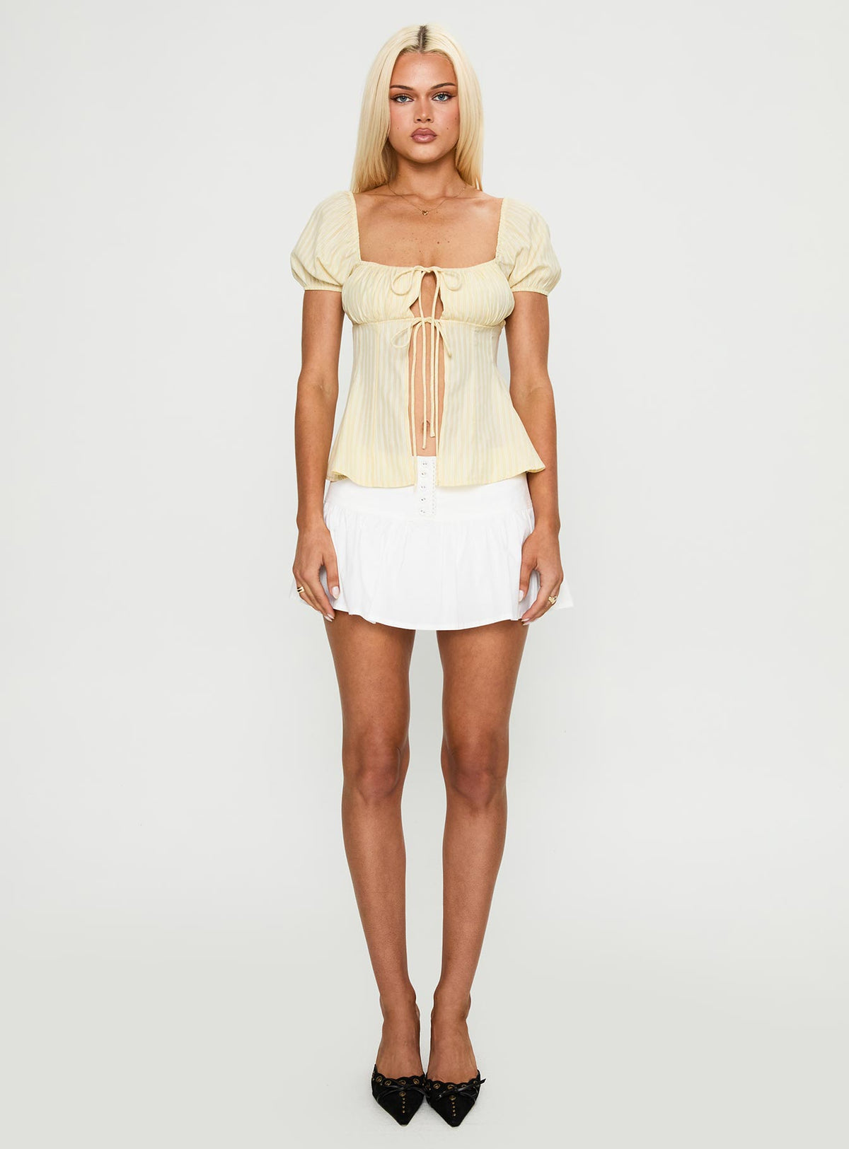 back view of model wearing Princess Polly How To Fly Tie Detail Top Yellow Short Sleeves Square Neck 