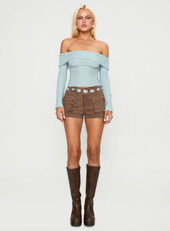 side view of model wearing Princess Polly Back With Love Off Shoulder Long Sleeve Top Blue Full Sleeves straight 