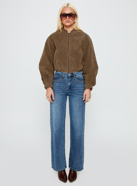 side view of model wearing Princess Polly Saving Up Mid Rise Straight Leg Studded Jeans Mid Blue Mid Rise Jeans Jeans 