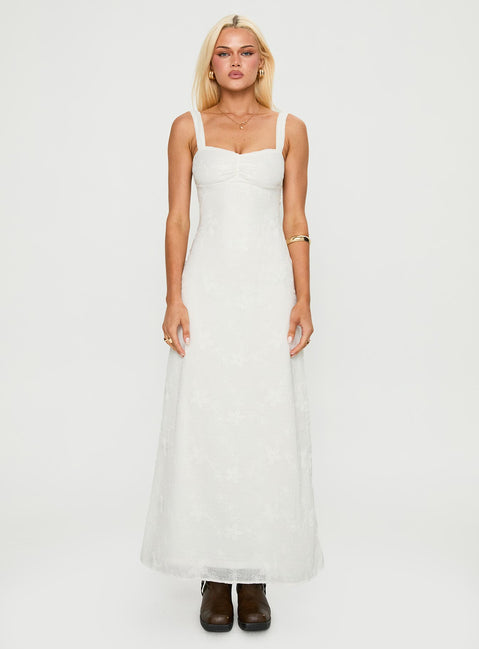 front view of model wearing Princess Polly Maisone Broderie Maxi Dress White Sweetheart Neckline 