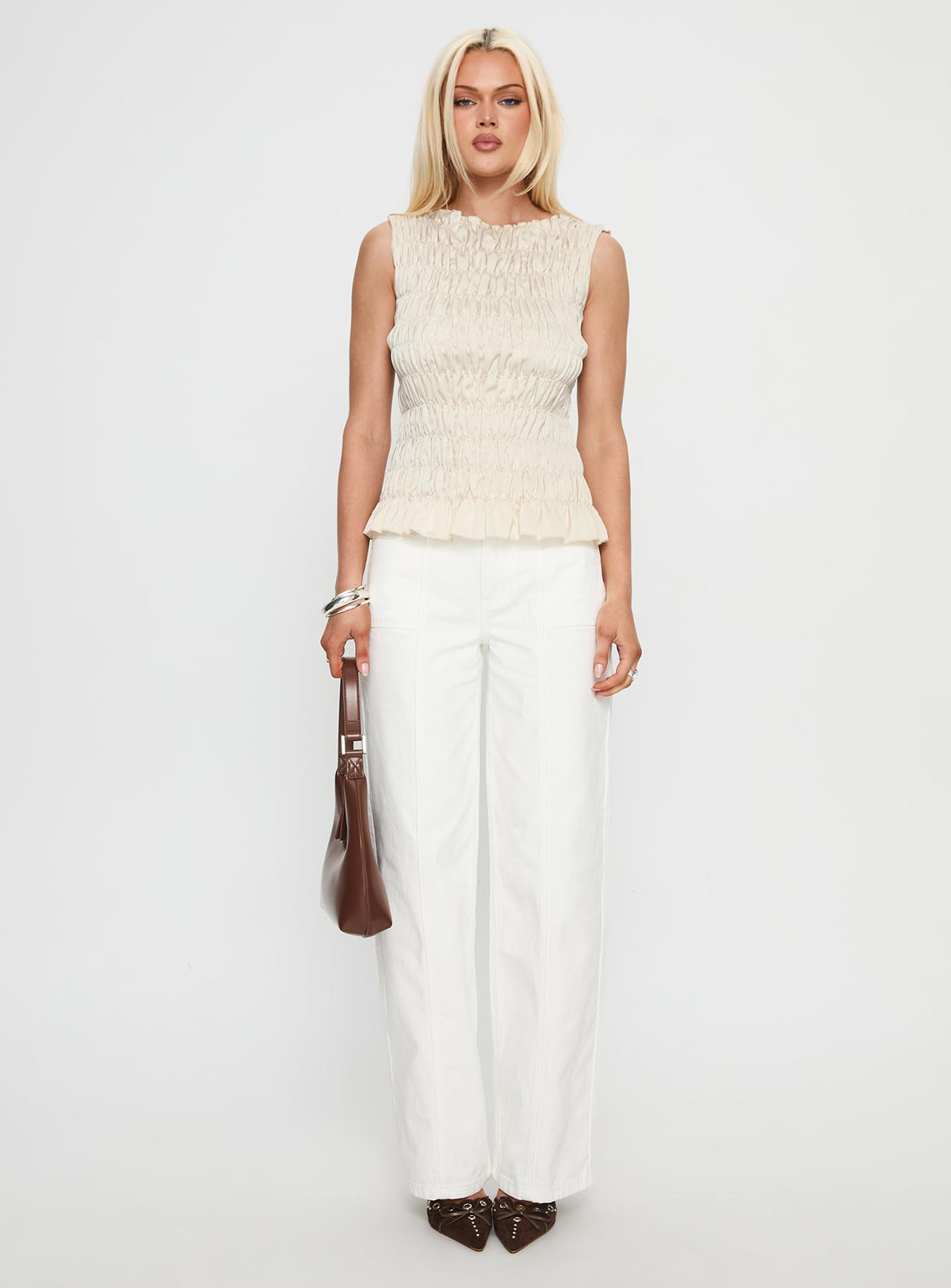 Elenir Shirred Top Beige