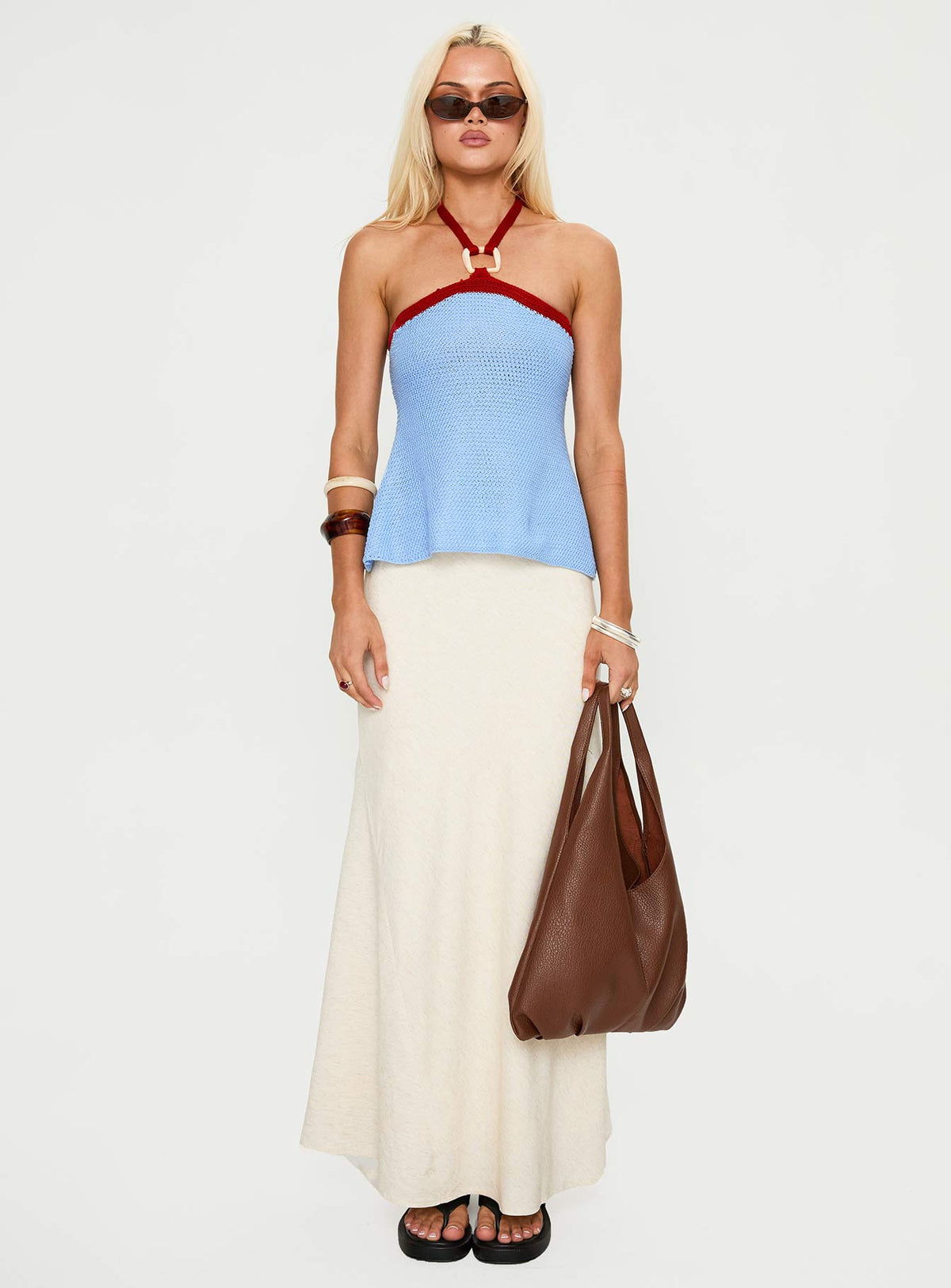 front view of model wearing Princess Polly Contradiction Hardware Detail Top Blue Sleeveless V-Neck 