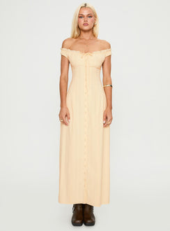 side view of model wearing Princess Polly Bryar Maxi Dress Yellow V-Neck 
