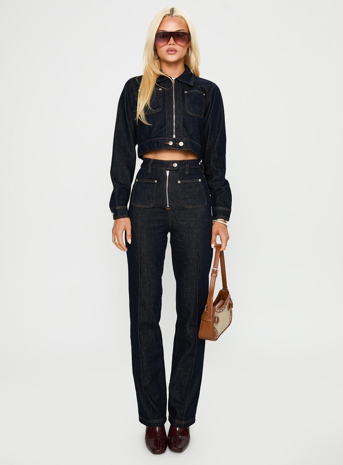 front view of model wearing Princess Polly Stallion Straight Leg Jeans Indigo High Waisted 