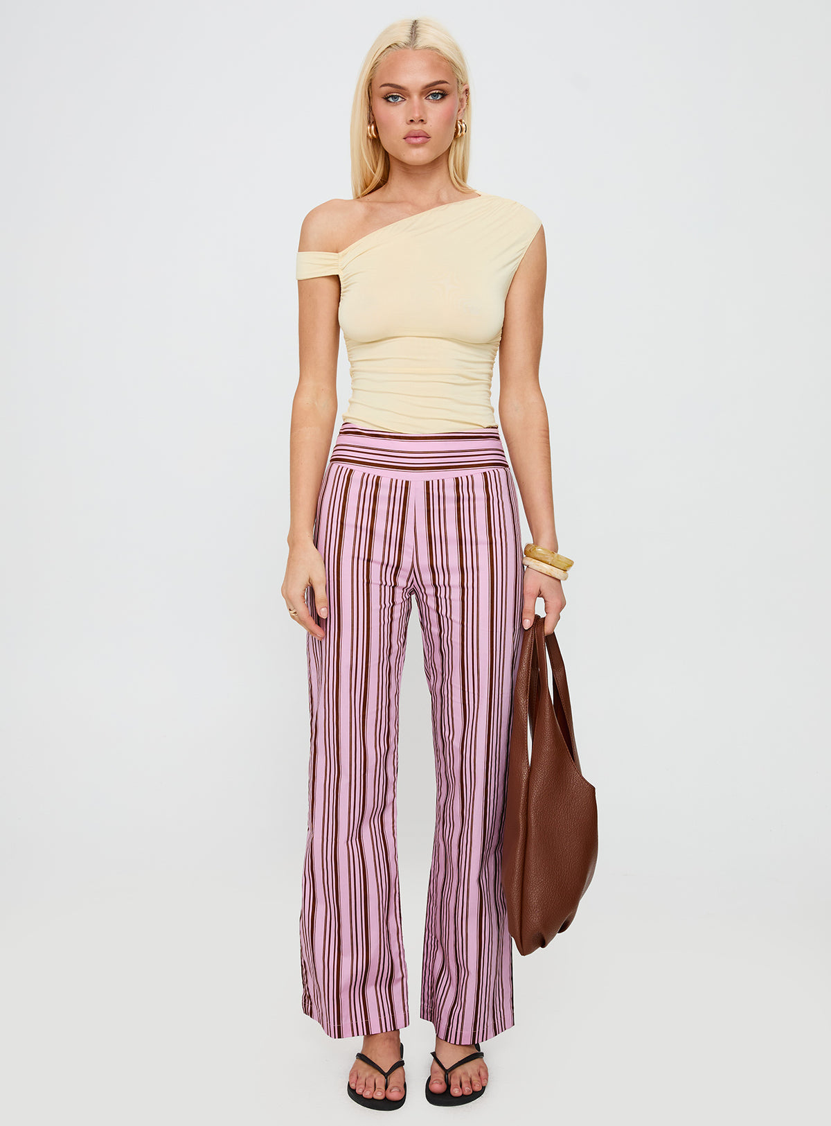 front view of model wearing Princess Polly Leocadie Pants Pink Stripe High Rise Pants Pants 